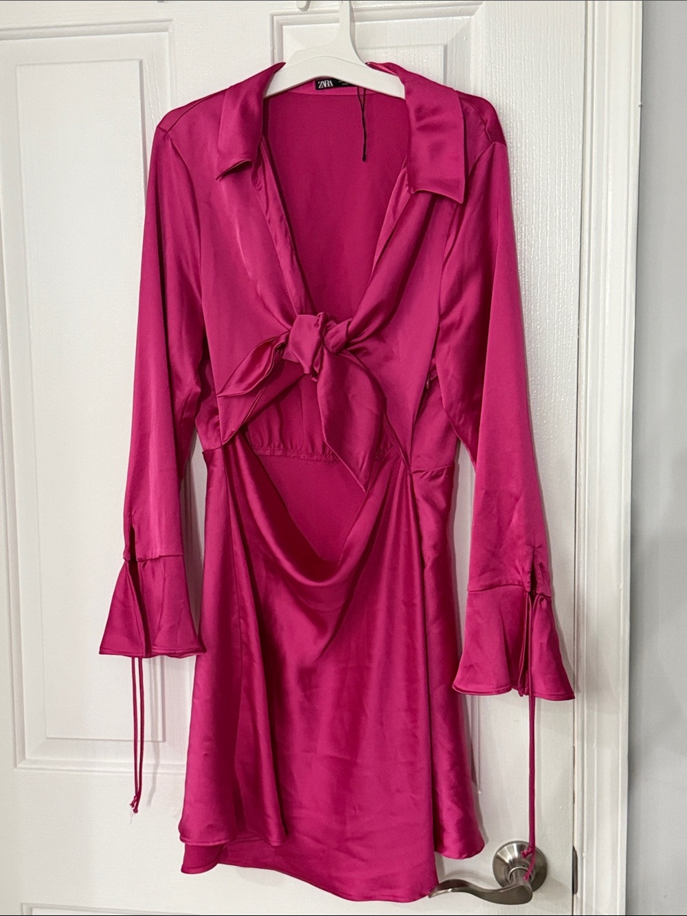 Zara Fuchsia Satin Tie-Front Slip Dress with Bell Sleeves